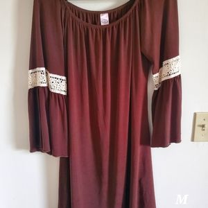 Brown off shoulder flowy sleeve dress